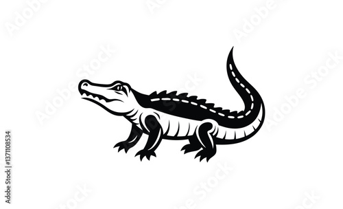 Crocodile straight tail art silhouette, crocodile silhouette with straight tail and head turned upward in vector style on white background  