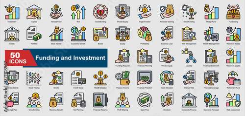 A collection of lineal Funding and Investment icons. Includes venture fund, ROI, crowdfunding, financial backing, stock market, and more. Perfect for illustrations and designs.