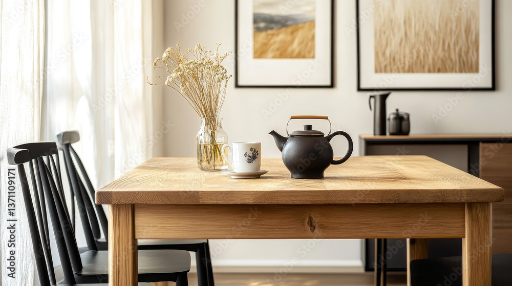 Stylish dining room interior with design wooden family table, black chairs, teapot with mug, mock up art paintings on the wall and elegant accessories in modern home decor. Template. Stylish dining room interior with design wooden family table, black chairs, teapot with mug, mock up art paintings on the wall and elegant accessories in modern home decor. Template.