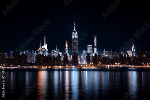 A sharply defined city skyline at night, captured from a distance with clear building silhouettes illuminated by glowing windows and minimal ambient city light
