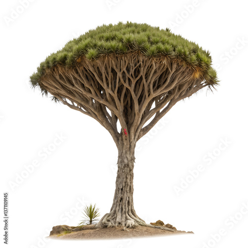 A dragon blood tree with umbrella-like branches, isolated on a transparent background