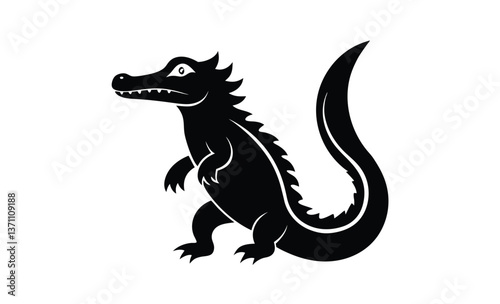 Crocodile straight tail art silhouette, crocodile silhouette with straight tail and head turned upward in vector style on white background  