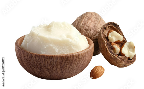 Natural shea butter and nuts isolated on white