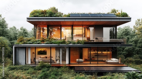 Modern Eco-Friendly House with Rooftop Garden, Forest Background
