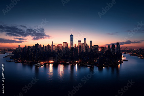 A sharply defined city skyline at night, captured from a distance with clear building silhouettes illuminated by glowing windows and minimal ambient city light