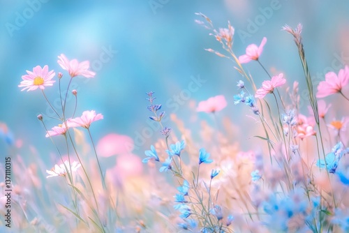 Fototapeta Naklejka Na Ścianę i Meble -  Charming spring meadow adorned with blooming wildflowers in pastel hues for banner or poster design