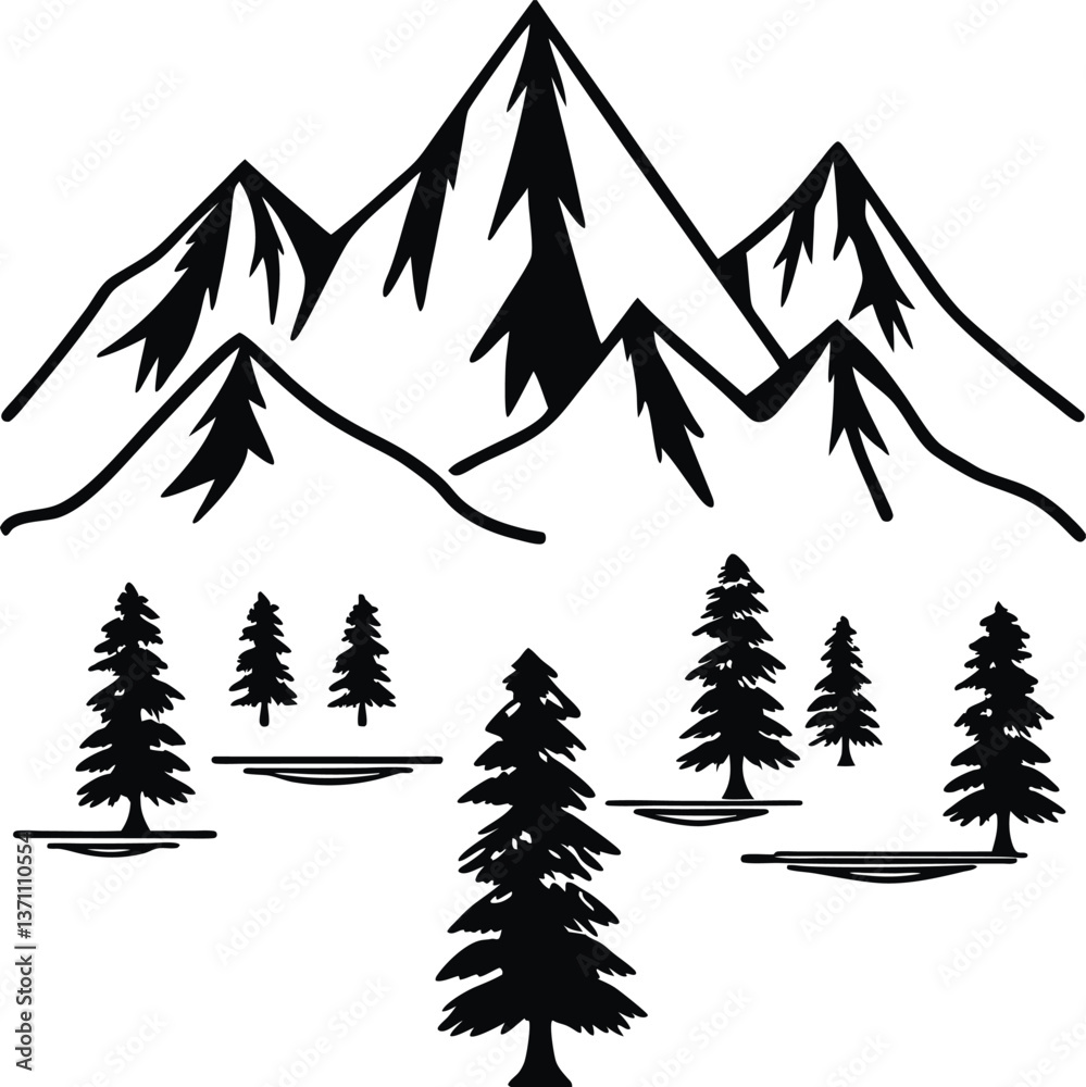 Obraz premium Black and white illustration of mountains with pine trees, representing nature, adventure, and the outdoors, perfect for landscapes, environmental designs, and outdoor-themed graphics.