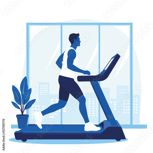 Man running on a treadmill in a bright gym setting  