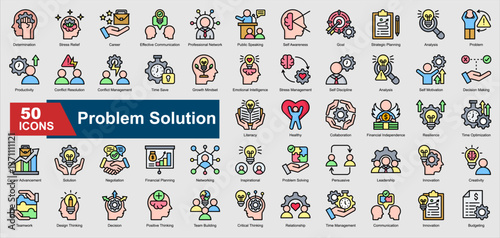 A collection of lineal Problem Solution icons. Includes decision making, conflict resolution, teamwork, negotiation, leadership, and more. Perfect for illustrations and designs.