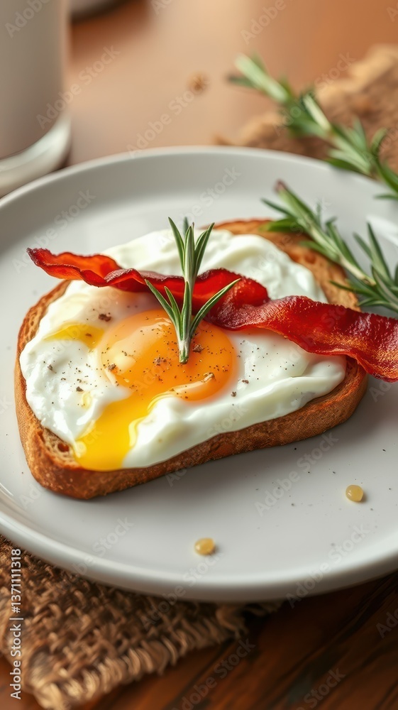 Delicious toast topped with fried egg, crispy bacon, and fresh herbs on a rustic table setting Delicious toast topped with fried egg, crispy bacon, and fresh herbs on a rustic table setting