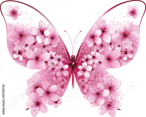 Beautiful pink butterfly with cherry blossom floral wings, symbolizing spring, renewal, and beauty, perfect for nature-themed designs, feminine art, and floral decorations.