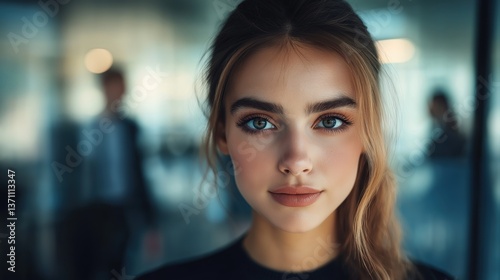 Confident young woman with piercing blue eyes in modern office environment