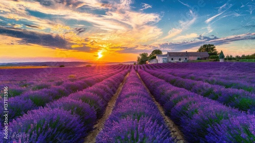 Scenic lavender field at sunset with vibrant purple flowers, farmhouse in the background, and dramatic sky in Provence, France