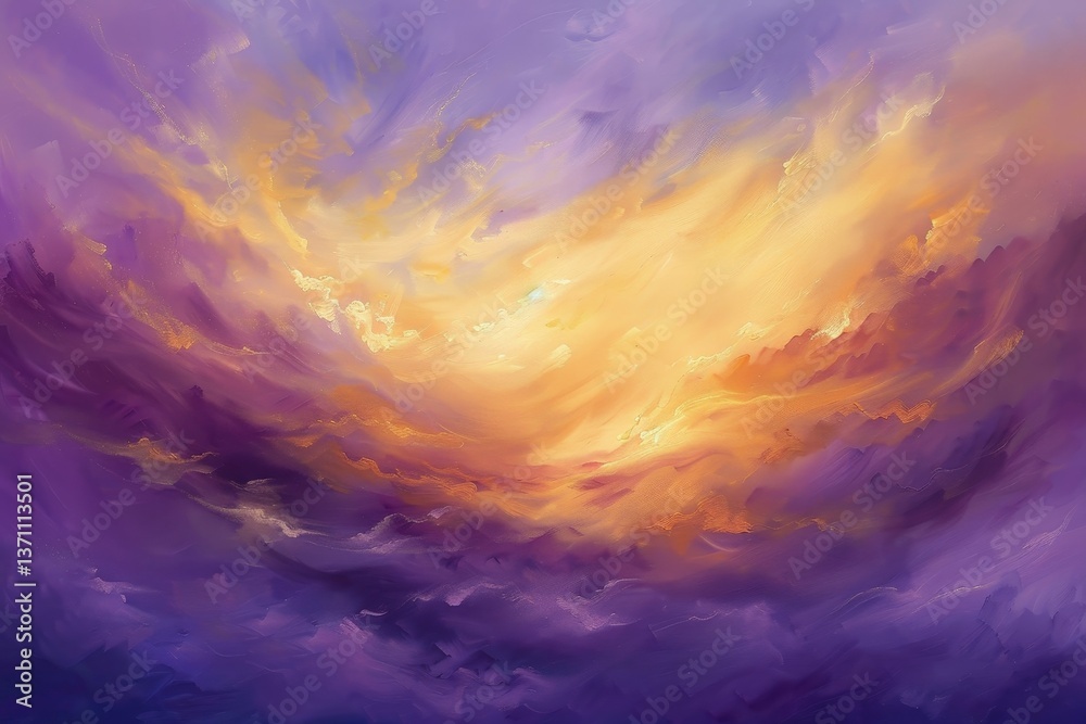 Fototapeta premium A painting of wispy clouds painted with shades of gold and purple, Wispy clouds painted with shades of gold and lavender illuminated by the rising sun