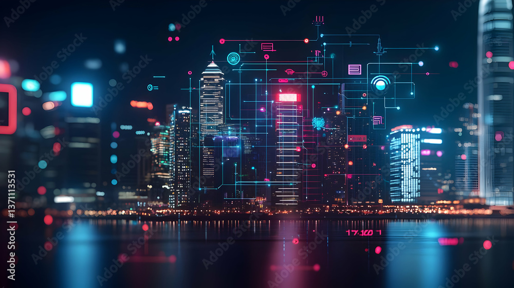 Naklejka premium Futuristic Digital Cityscape At Night