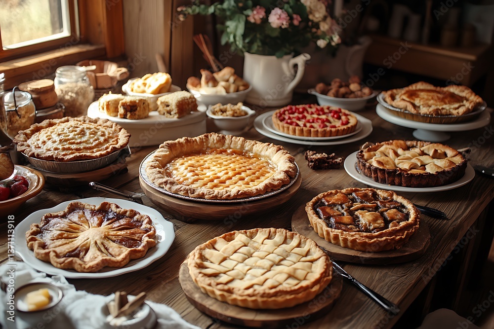 A table set with a variety of homemade pies and tarts A table set with a variety of homemade pies and tarts