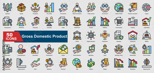 A collection of lineal Gross Domestic Product icons. Includes revenue, inflation, GDP growth, fiscal policy, market trends, and more. Perfect for illustrations and designs.