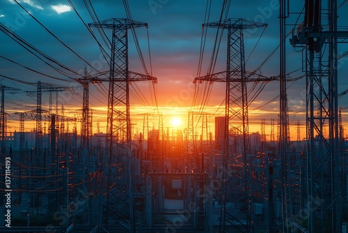 A tangle of electrical cables and transformers in a power substation, the dense web of wires and metal structures creating a complex, organized chaos under the pale morning light