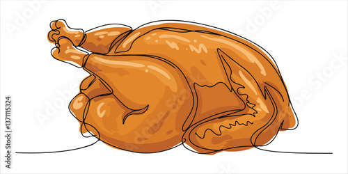 Roasted chicken or turkey single line art drawing sketch on white background 