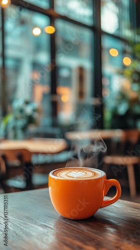 Warm Orange Coffee Cup on a Wooden Table in a Cozy Modern Cafe Setting