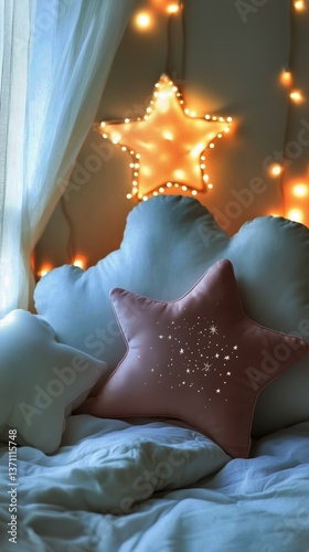 Cozy Bedroom With Star-Shaped Pillows and Warm String Lights Creating a Relax...