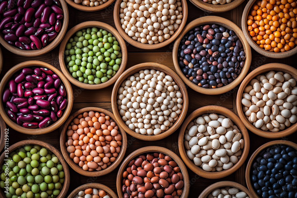 Top view of assorted beans and legumes in wooden bowls with soft lighting Top view of assorted beans and legumes in wooden bowls with soft lighting