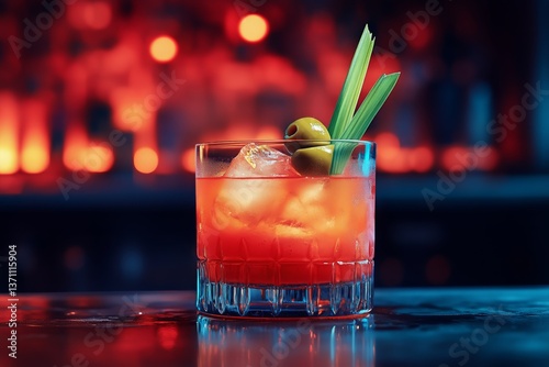 Refreshing Cocktail Served With Olives and Celery in a Vibrant, Neon-Lit Bar ...
