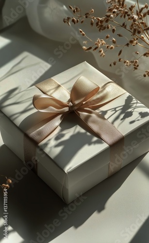 Gift Box Adorned With Flowers Near a Window in Soft Afternoon Light