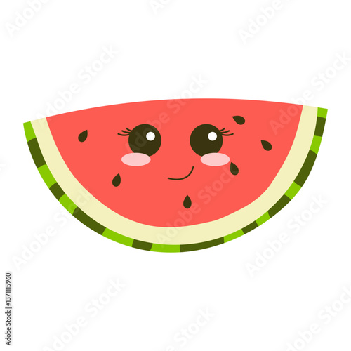 Cute watermelon slice with kawaii face. Summer cartoon fruit character. Vector illustration.