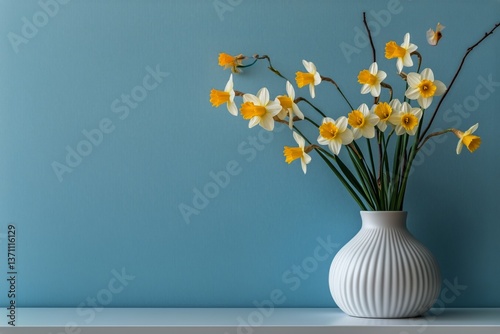 Bright Daffodils in a White Vase Against a Light Blue Wall in a Cozy Room Set...