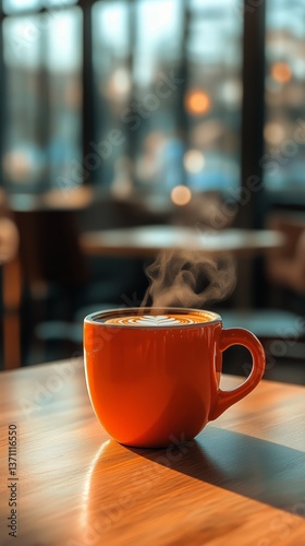 Warm Orange Coffee Cup on a Wooden Table in a Cozy Modern Cafe Setting
