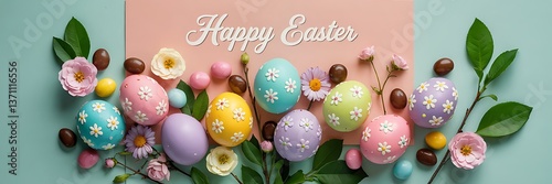 Elegant Pastel Easter Eggs Decorated with Delicate Floral Designs Arranged on Soft Peach Background with Chocolate Candies Green Leaves Spring Flowers Perfect for Easter Holiday Visuals Background