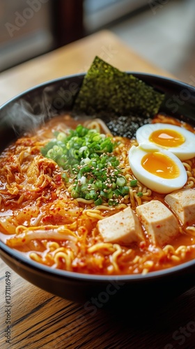 Warm and Flavorful Ramen Bowl With Fresh Toppings Served in a Cozy Restaurant...