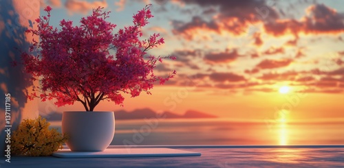Colorful Sunset Overlooking Ocean With Blooming Tree in a Serene Setting
