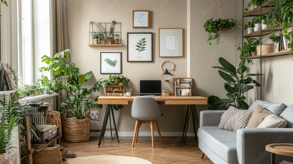 Interior design of scandinavian open space with mock up photo frames, wooden desk, gray sofa, plant, books office and personal accessories. Stylish neutral home decor. Beige walls. Template. Interior design of scandinavian open space with mock up photo frames, wooden desk, gray sofa, plant, books office and personal accessories. Stylish neutral home decor. Beige walls. Template.