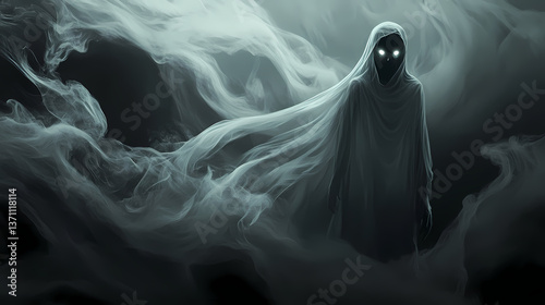 Dark fantasy ghost with glowing eyes, white shroud trailing into swirling black mist. Glowing Murmur. Illustration