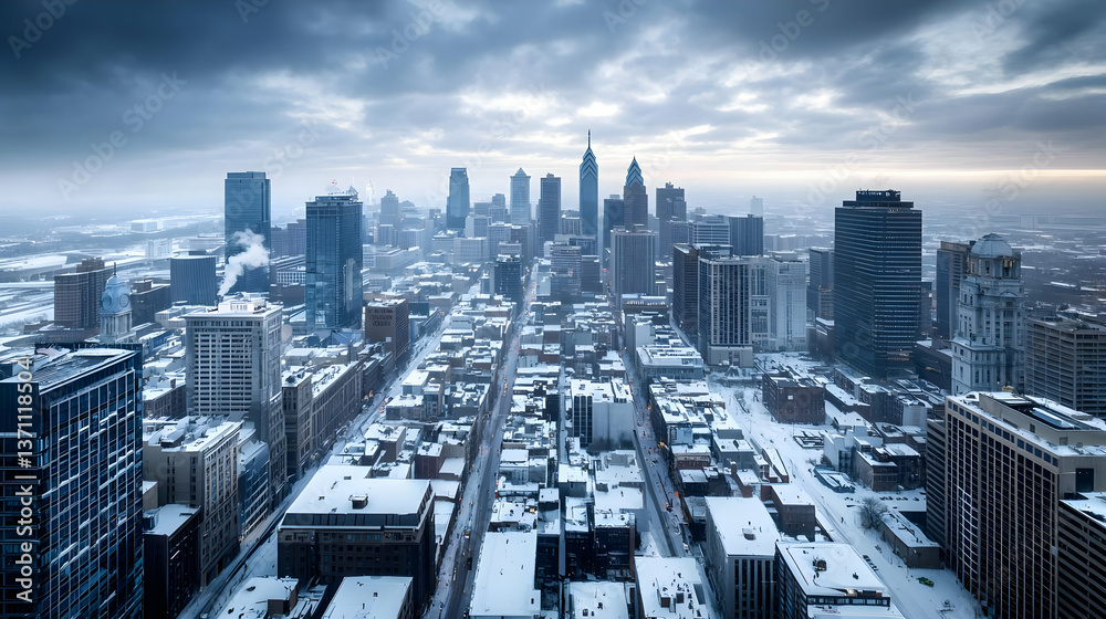 Fototapeta premium Snowy Cityscape Aerial View On A Cloudy Day