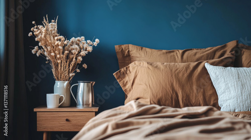 Warm and cozy bedroom interior with big bed, brown bedding, pillows, livid blue wall, wooden night stand, tray, mug, jug, plaid, vase with dried flowers and personal accessories. Home decor. Template.