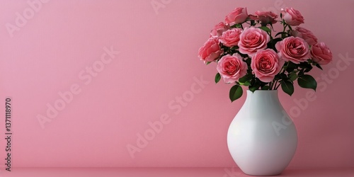 Fresh Pink Roses in a White Vase Against a Soft Pink Background for Decorativ...