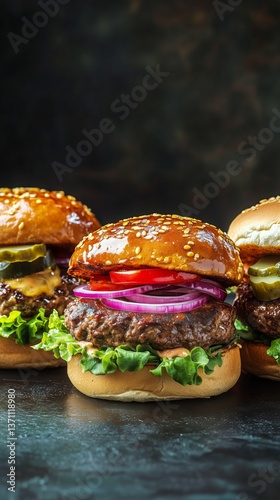Delicious Gourmet Burgers With Fresh Ingredients on a Dark Surface During a C...