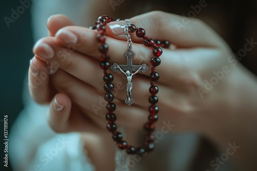 Close-up image of hands gently holding a rosary with a crucifix, symbolizing faith, devotion, and prayer in Christian spirituality, with soft lighting creating a peaceful and reflective mood.