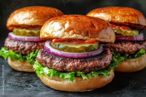 Delicious Gourmet Burgers With Fresh Toppings Ready to Be Enjoyed at a Summer...