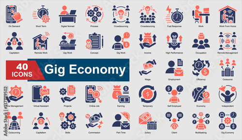 A set of Glyph Color Gig Economy icons. Includes remote work, outsourcing, efficiency, time management, and more. Perfect for illustration and design.