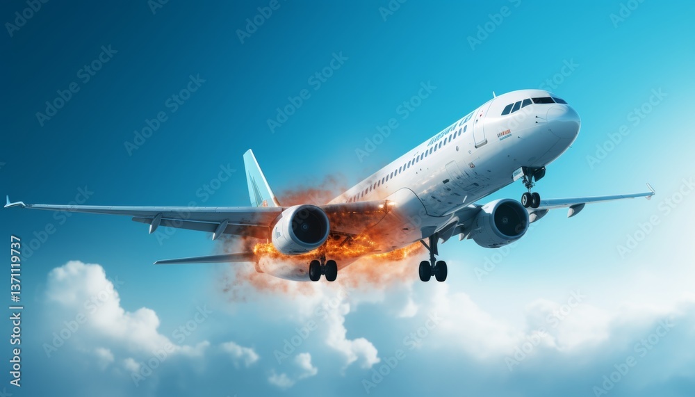 Fototapeta premium Dramatic image of a commercial airplane with a flaming engine against a clear blue sky