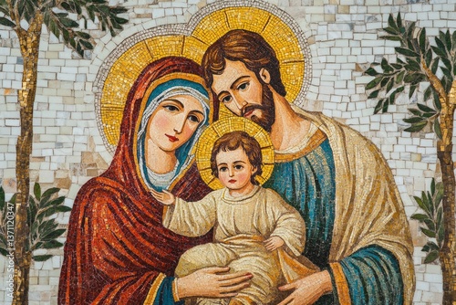 Colorful mosaic artwork depicting the Holy Family — Virgin Mary, Joseph, and baby Jesus — with golden halos and traditional garments, symbolizing love, unity, and sacred Christian devotion 