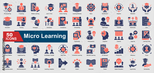 A collection set of Micro Learning glyph color icons featuring e learning, mobile learning, tutorials, education, gamification, digital training, workplace upskilling, and more. Perfect illustration