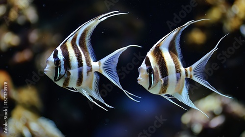 Two bannerfish with stripes swim gracefully in the deep blue sea. Their white and brown colors stand out against the dark background. photo