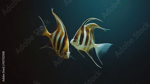 Two bannerfish with stripes swim gracefully in the deep blue sea. Their white and brown colors stand out against the dark background. photo
