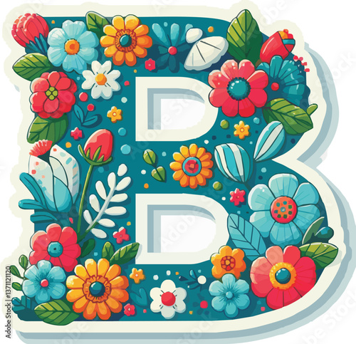 Doodle flower letter B. Floral element of colorful alphabet made from flowers.