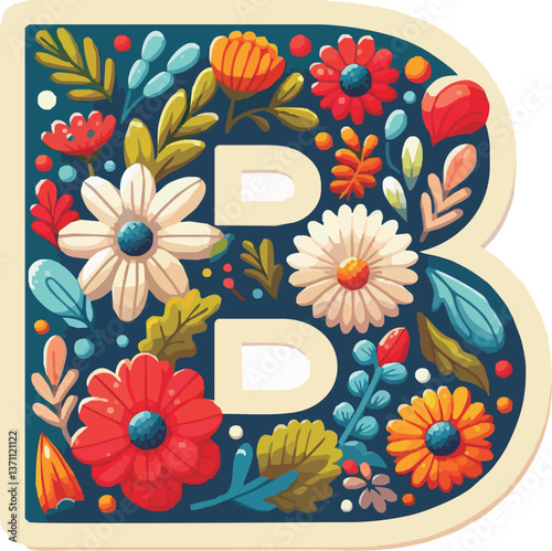 Doodle flower letter B. Floral element of colorful alphabet made from flowers.